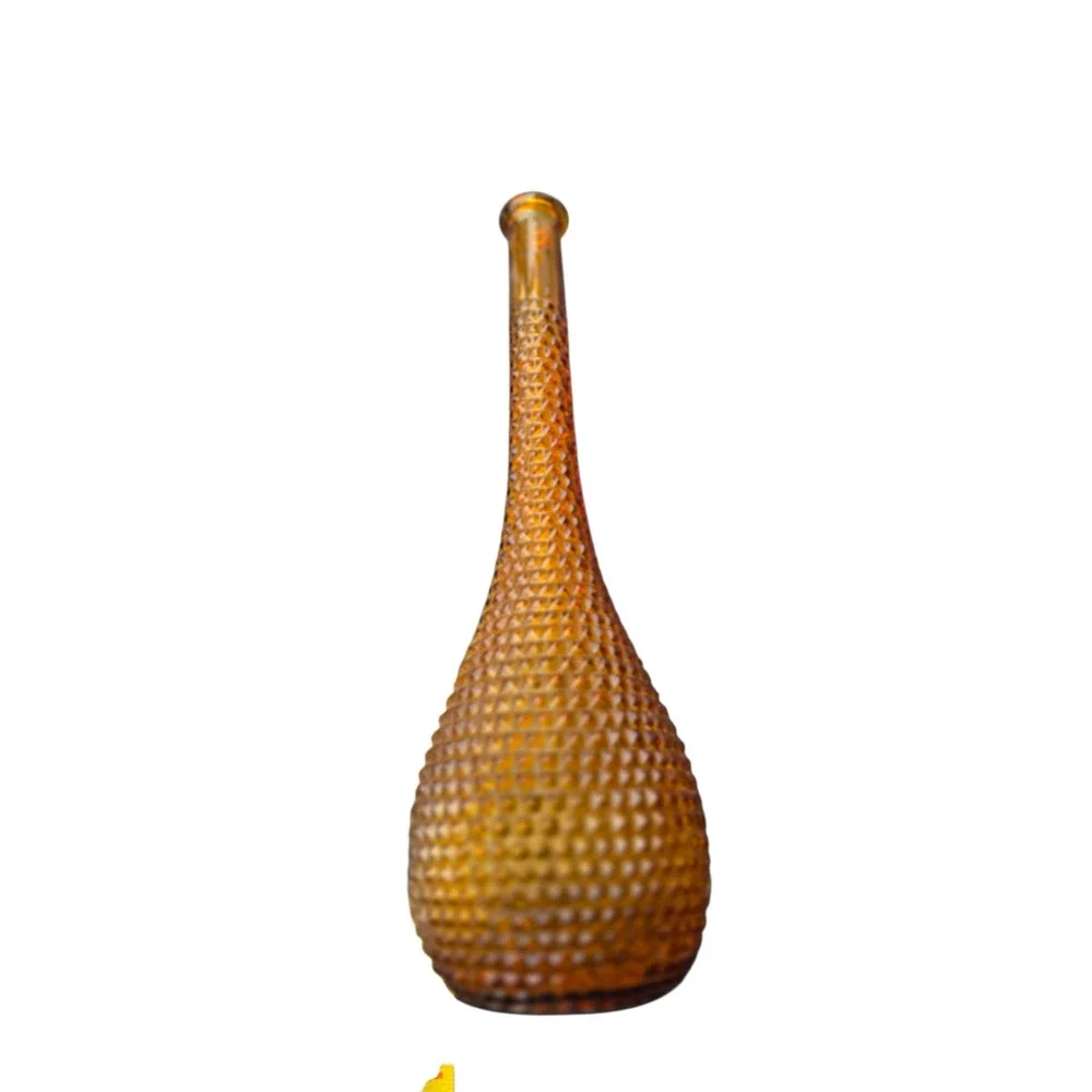 Amber Glass Genie Bottle Vase Diamond Point Hobnail Mid Century Modern 16in